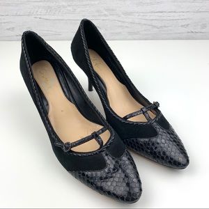 Cole Haan//Black Suede, Snake Trim Leather Pumps